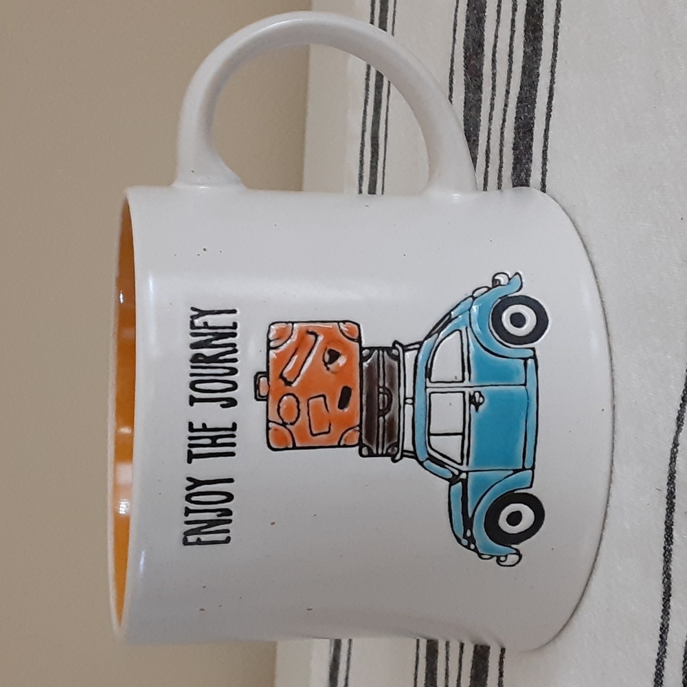 Enjoy the Journey 16 oz Mug Blue VW Bug Orange Brown Luggage Orange Inside